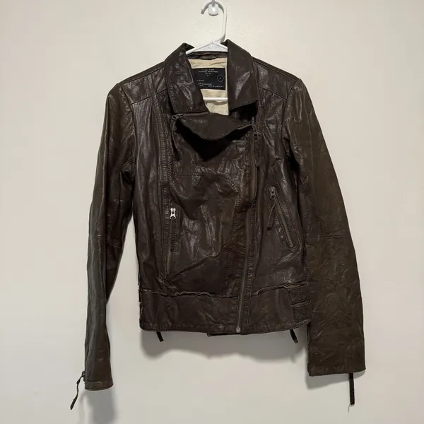 AllSaints Brown Leather‎ Lana Moto Biker Jacket Size 12 - Image 2