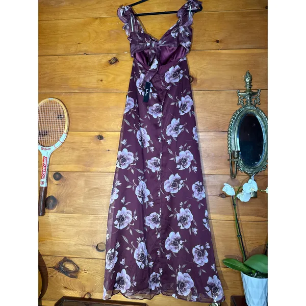 NWT Lulus Sweetest Entrance Plum Purple Floral Ruffled Tie-Back Maxi Dress Sz S - Image 6