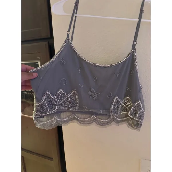 Miss Selfridge Grey Beaded Mesh Crop Cami Top Scalloped Sequin Festival Size 16 - Image 4