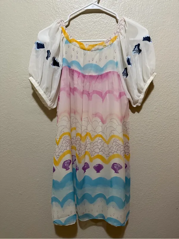 Lafer 100% Silk Abstract Print Puff Sleeve Mini Dress Size 2 - Image 2