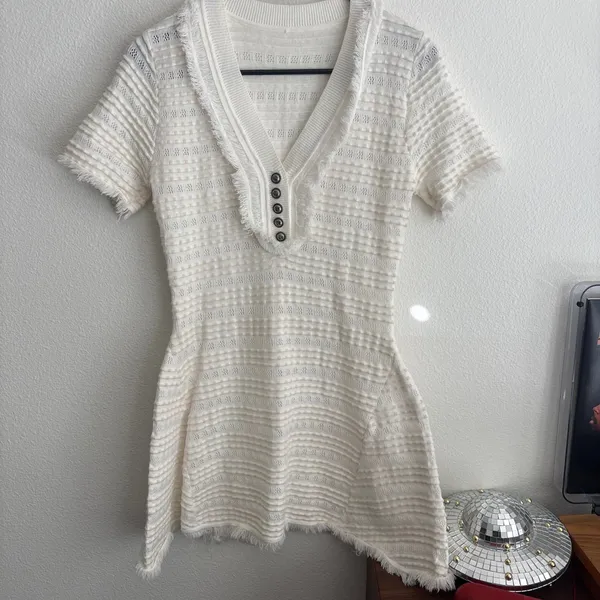 White Textured Fringe Trim V-Neck Henley Fit & Flare Mini Dress Short Sleeves - Image 3