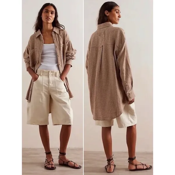 Free People Large Freddie Menswear Oversized Shirt Jacket Shacket Neutral Plaid - Image 2