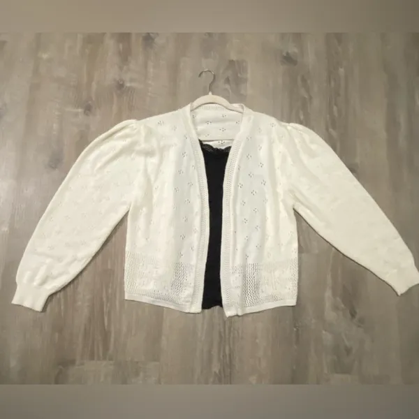 Cream Open Front Eyelet Knit Cardigan Sweater Cottagecore Boho Large - Image 3