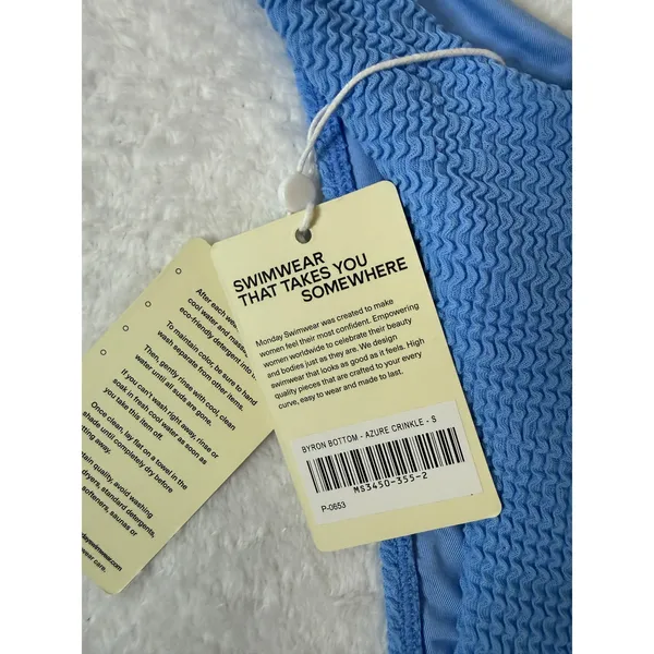 Monday Swimwear Byron Bottom Azure Crinkle Blue High Cut Bikini Bottom S NWT - Image 3