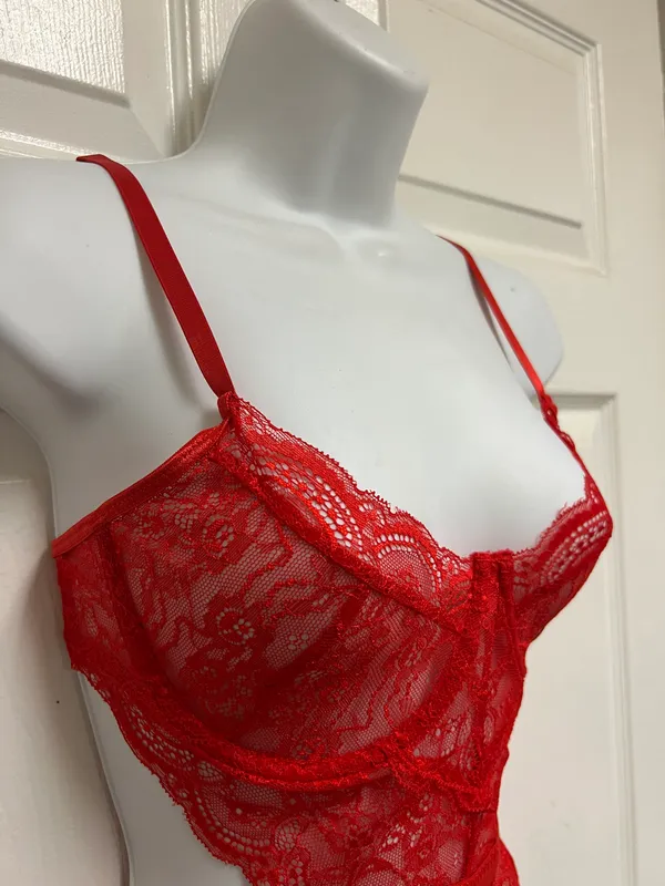 SheIn Red Lace Love Gothic Bodysuit - Image 5
