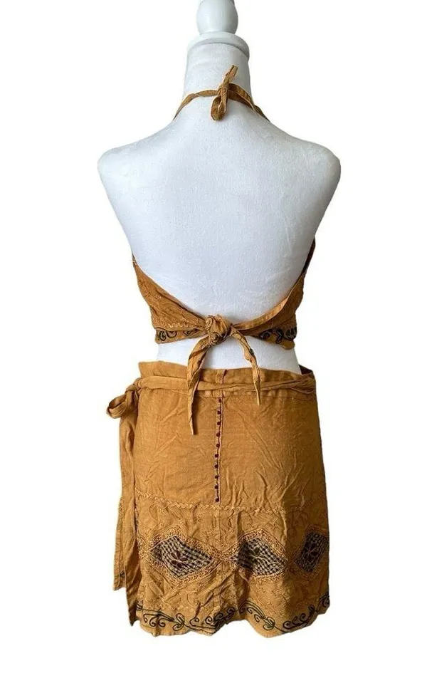 Embroidered Crop Top Wrap Skirt Set Mustard Boho Summer - Image 2