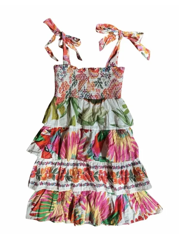 Farm Rio Mixed White Print Layered Dress M Tropical Floral Tiered cotton smocked - Image 2