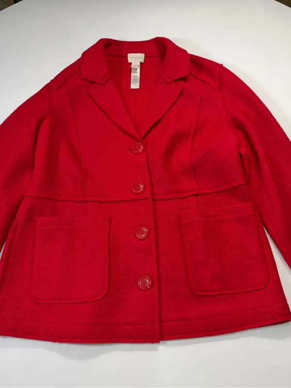 Chico's Wool Blend Red Bouclé Button-Front Pea Coat Size 2 - Image 2