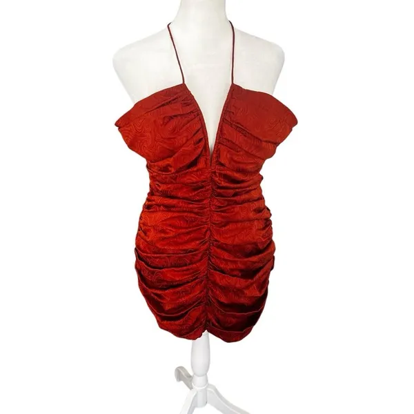 Ronny Kobo Orielle Rust Orange Silk Blend Jacquard Ruched Halter Mini Dress L - Image 4