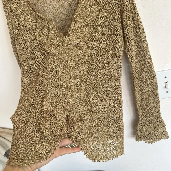 Vintage Y2K Crochet Silk Cotton Newport News Top M Sheer Ruffle Regency Fairy - Image 6
