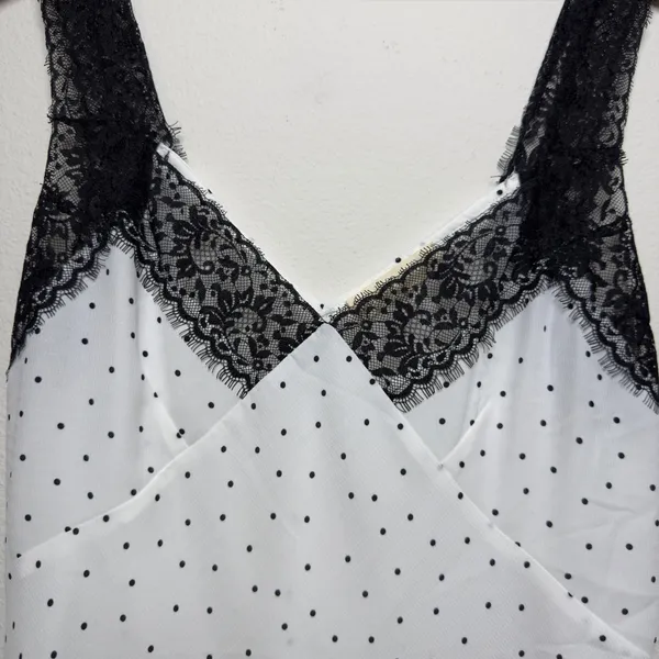 Lovestitch‎ Women Babydoll Tank Top Large White Black Polka Dot Lace Trim Whimsy - Image 3