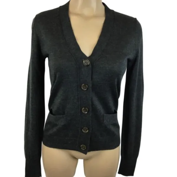 J Crew Wool Blend Dark Gray Button Up Long Sleeve Fitted Cardigan Sweater - Image 2