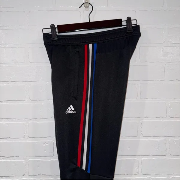 Adidas Black Track Pants with Red, White, and Blue Accents and Pockets - Image 2