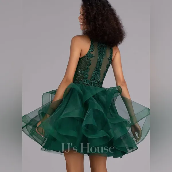 Princess Scoop Short Tulle Lace Homecoming Mini Dress With Sequins Dark Green - Image 2