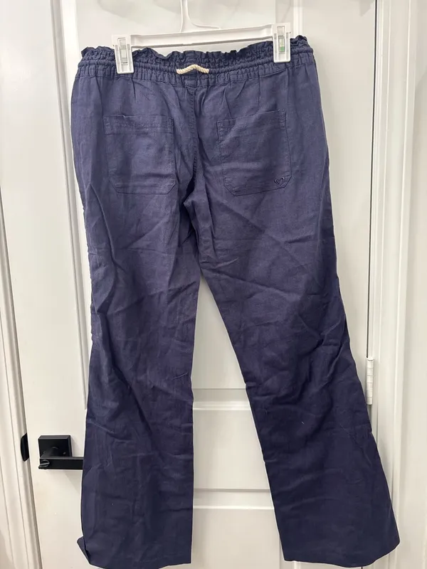 Roxy Oceanside Navy Blue Linen Drawstring Flare Pants Size L - Image 7
