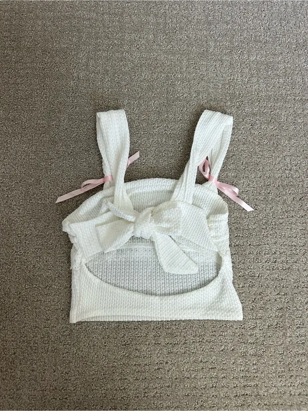 White Knit Crop Tank with Pink Bow Straps Size XS - Image 2