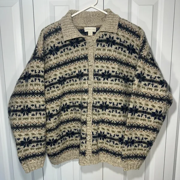 Northern Isles XL Wool Blend Nordic Fair Isle Cardigan Sweater USA Vtg Grandma - Image 2