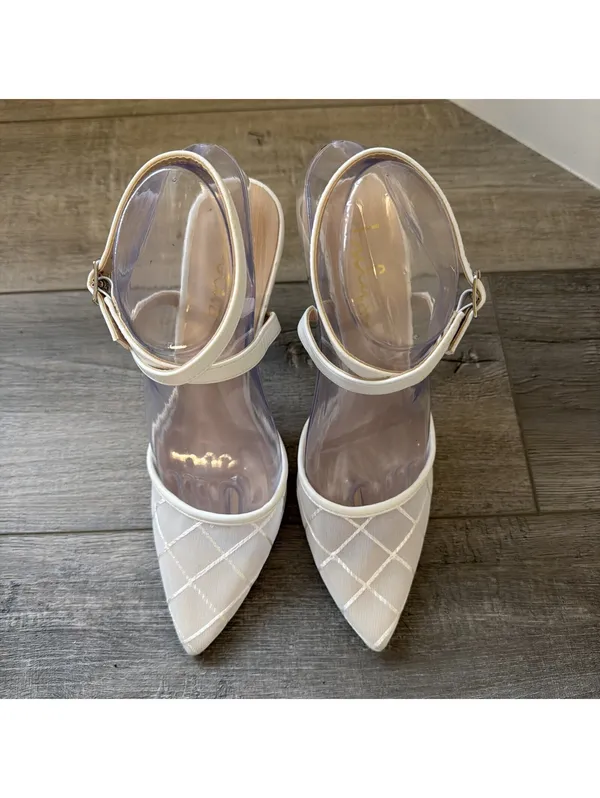 Lulus Louice White Embroidered Mesh Ankle Strap Pumps Shoes Size 8 Wedding Party - Image 2
