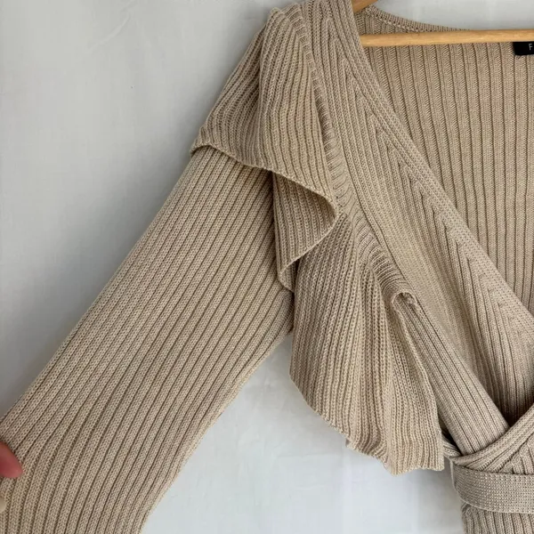 FORE Wrap long sleeve ruffle ribbed knit Sweater Tan Size M - Image 5