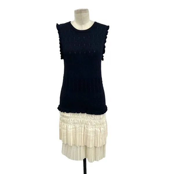 Anthropologie Current Air‎ Pleated Mini Dress Navy Blue Ivory White Size Large - Image 3