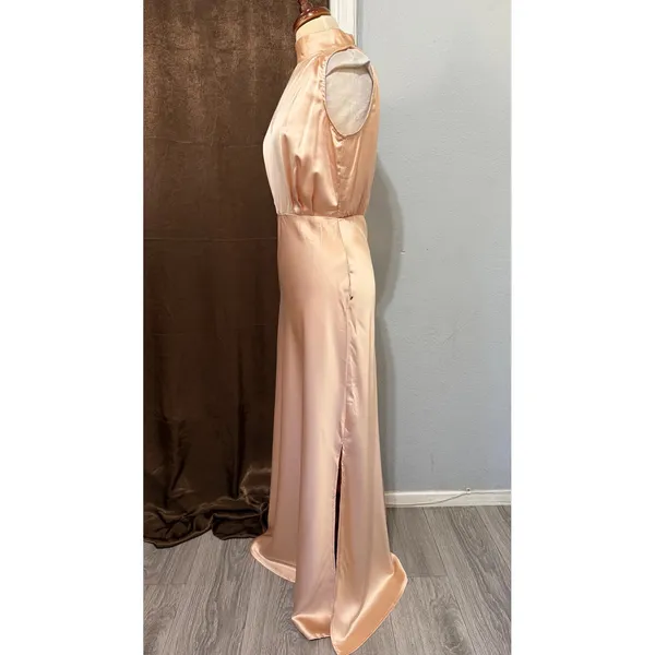 Lulus Maxi Dress S Champagne Satin Mock Neck Sleeveless Side Slit Rose Gold Prom - Image 4