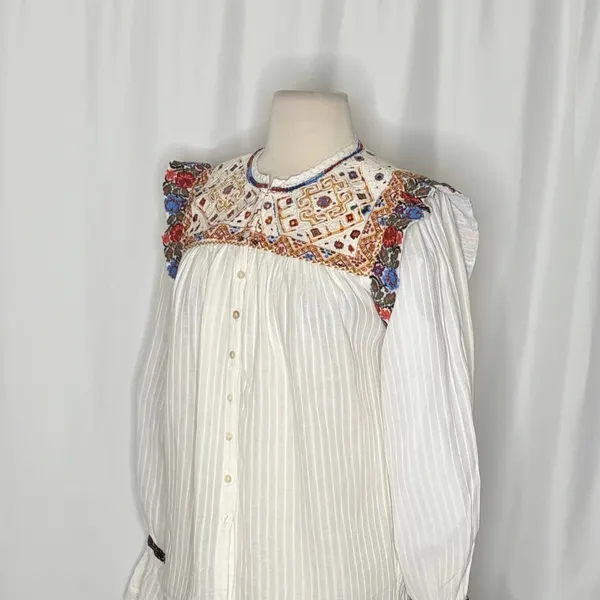 ANTIK BATIK Bernadette Embroidered Cotton Blouse White Boho Bohemian Small 38 - Image 7