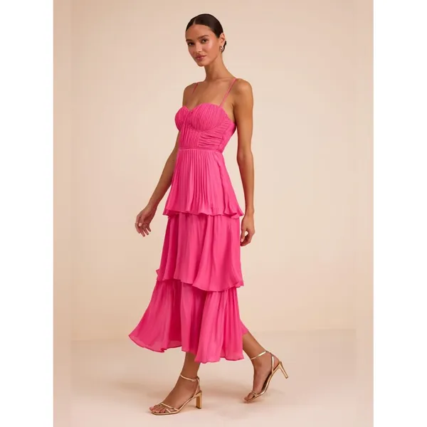 Lulus Lulus Cascading Crush Hot Pink Tiered Bustier Midi Dress Size Large Formal - Image 3