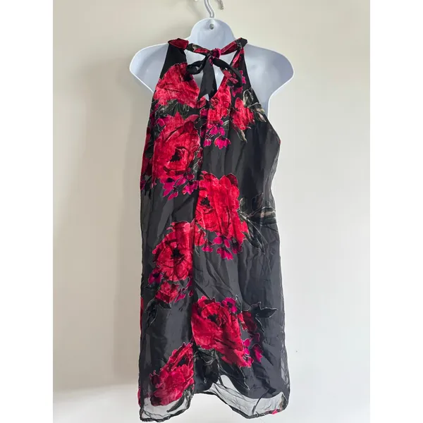 As U Wish Black Red Rose Velvet Burnout Halter Dress‎ M Romantic Party Goth - Image 2