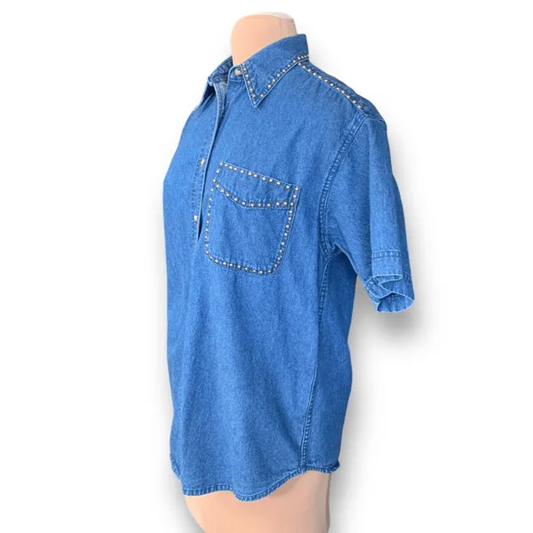 Vintage Studded Denim Western Shirt Medium Blue 90s Boho Festival‎ Cowgirl Top - Image 5