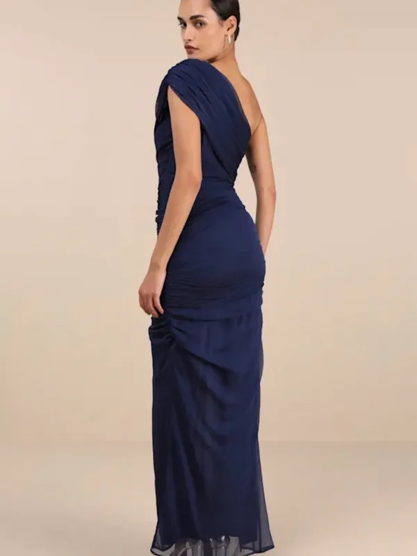 Lulu's One-Shoulder Navy Ruched Slit Gown - Image 2