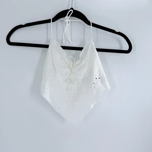 SheIn White Eyelet Halter Crop Top – Lace Tie Front Handkerchief Hem Camisole Size XS - Image 2