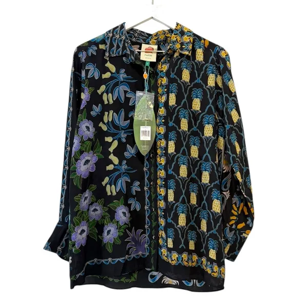 NWT Farm Rio Winter Garden Black Pajama Shirt Button Front Top Floral Size S - Image 3