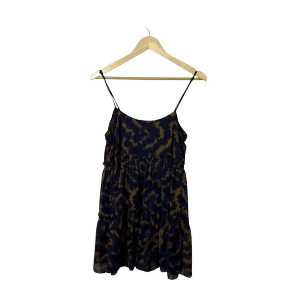 Urban Outfitters Rory Printed Chiffon Tiered Ruffle Mini Dress Navy/Tan Size M - Image 12