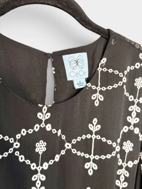 CeCe Black And White Embroidered Ruffle Half Sleeve Dress SZ 12 - Image 3