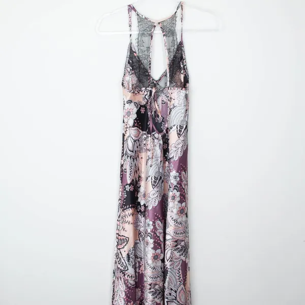 Linea Donatella Floral Paisley Lace‎ Trim Chemise Slip Dress M Purple Pink Satin - Image 6