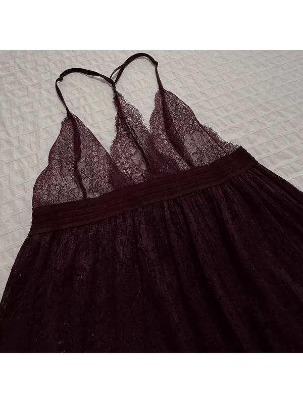 Victoria’s Secret Burgundy Plum Babydoll Slip Lingerie Sheer Lace Sz M Medium - Image 9