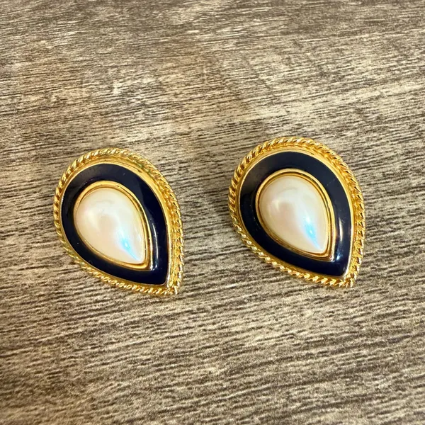 Vintage Monet Gold Tone Black Enamel Faux Pearl Teardrop Pierced Earrings - Image 2