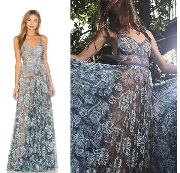 ALEXIS Isabella Blue Floral Lace Illusion Maxi Gown Dress Small - Image 2
