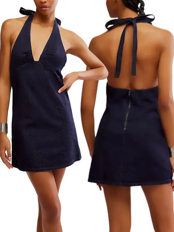 Free People Trevi Denim Mini Dress Women's Large Rinse Halter Backless Festival - Image 4