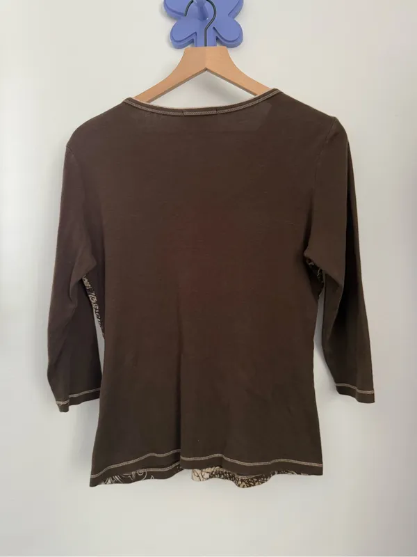 Dress Barn Y2K Medium Brown Henley Top Paisley Goblin Fairy Forest Renaissance Bedazzle - Image 3