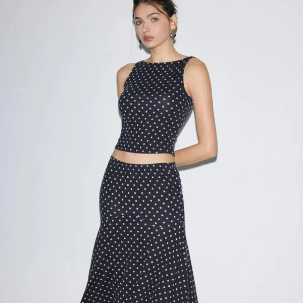 NWT Cider Blue White Boat Neck Polka Dot Top & Ruffle Hem Mid Rise Skirt Set XS - Image 2