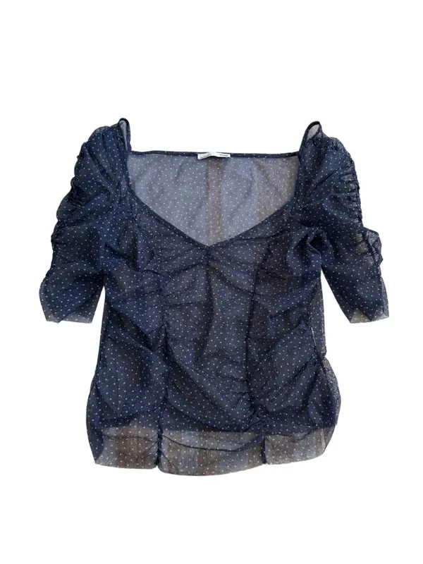 ZARA Navy Blue Sheer Polka Dot Top Size Medium - Image 5