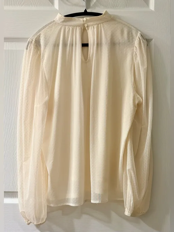 LOFT Ivory Sheer Dotted High Neck Blouse size L - Image 2