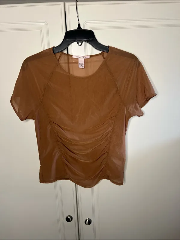 Victoria’s Secret Brown Sheer Mesh Ruched Short Sleeve Top - Image 4