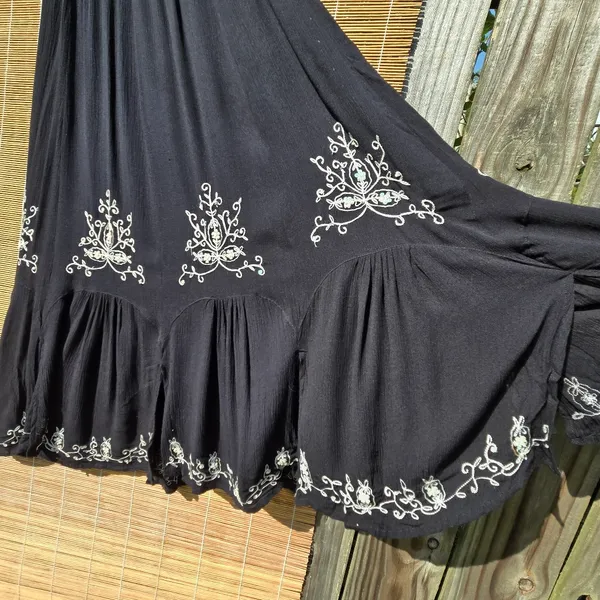 Bila Rayon Black Embroidered Tiered Bohemian Skirt Sequins Large - Image 4