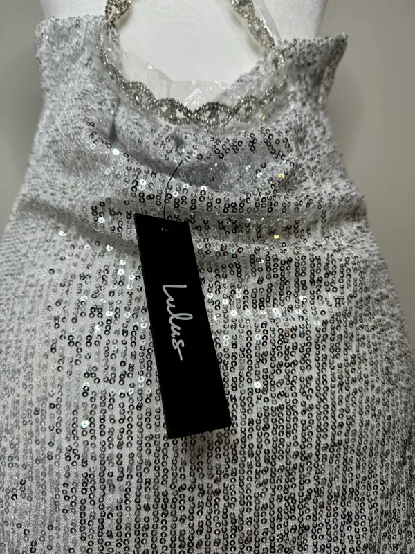 Silver Sequin Cowl Neck Mini Dress Sz M - Image 7