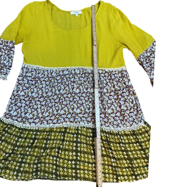 Umgee USA Mustard Yellow Floral Boho Mixed Print Tunic‎ Top Crochet Lace Medium - Image 6