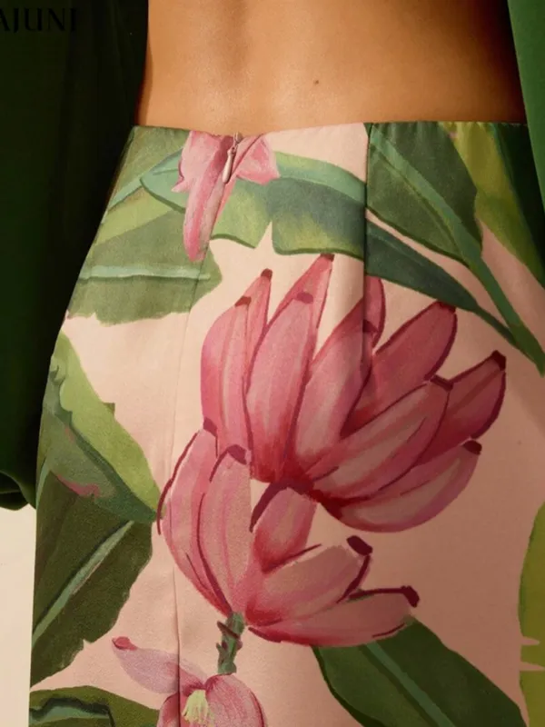 SheIn Tropical Floral Palm Print Maxi Skirt Pink Green Resort Vacation - Image 2