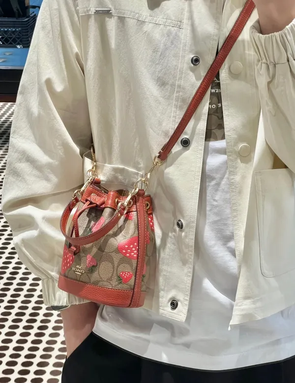 Coach Mini Dempsey Bucket Bag In Signature Canvas With Wild Strawberry CH164 - Image 7