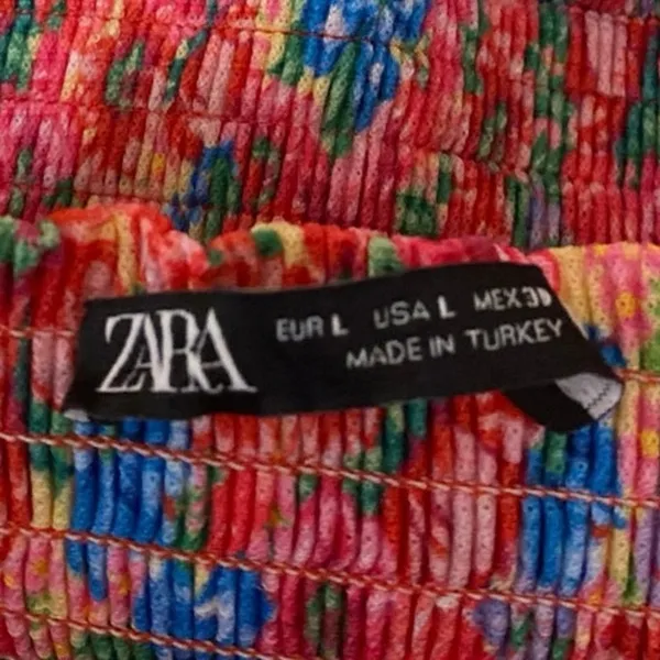 Zara Multicolor Floral Puff Sleeve Smocked Square Neck Mini Fit & Flare Dress L - Image 4